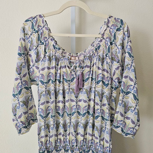 TORY BURCH Silk Mosaic Provence Pompeii Tassels/Smocked Off Shoulder Romper Sz M - Picture 4 of 13